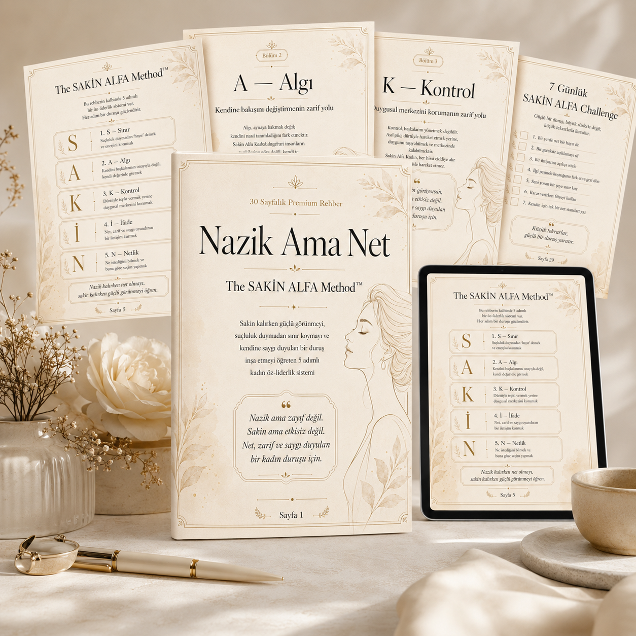 Nazik Ama Net SAKİN ALFA Method™ PDF rehber kapağı ve iç sayfa önizlemesi